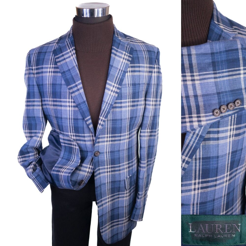 Lauren Ralph Lauren 100% Linen Blazer Sport coat Men’s 40L Blue Plaid Jacket EUC